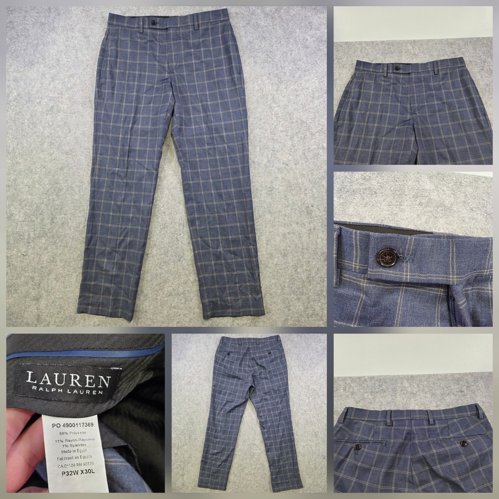 Lauren Ralph Black Label Pants Mens 32x30 Blue Plaid Flat Front Stretch Trousers